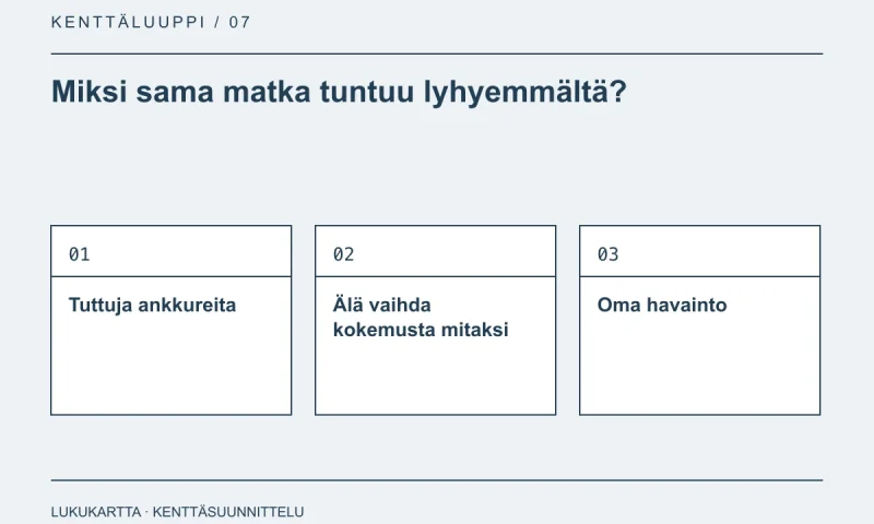 Lukukartta: Miksi sama matka tuntuu lyhyemmältä?. Tuttuja ankkureita, Älä vaihda kokemusta mitaksi, Oma havainto.